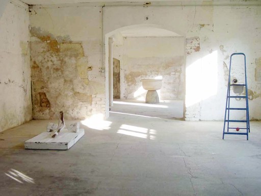 Guillaume Leblon. CHAR, (Hommage to C.T) 2010. Sand, metal, plaster, paint and wood. 140 x 69 x 52 cm Katinka Bock. TURNSPRINGER WILLHEIM, 2012. céramic, ladder, apple Bock - Leblon. WET GROUND. , 2008 limestone, water. 39x80x80cm 